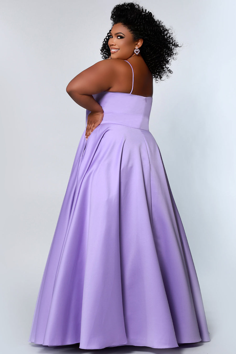 Tease Prom TE2209 Back view Plus size satin a-line dress in lilac with spaghetti straps, a deep v-neckline and a slit.