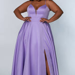Tease Prom TE2209 Plus size satin a-line dress in lilac with spaghetti straps, a deep v-neckline and a slit.