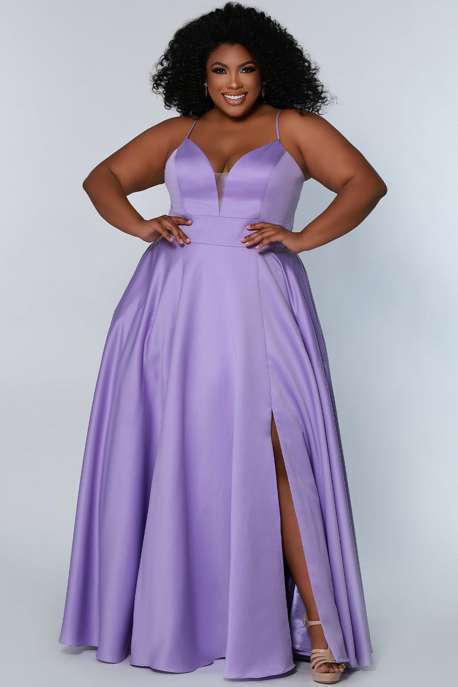 Tease Prom TE2209 Plus size satin a-line dress in lilac with spaghetti straps, a deep v-neckline and a slit.