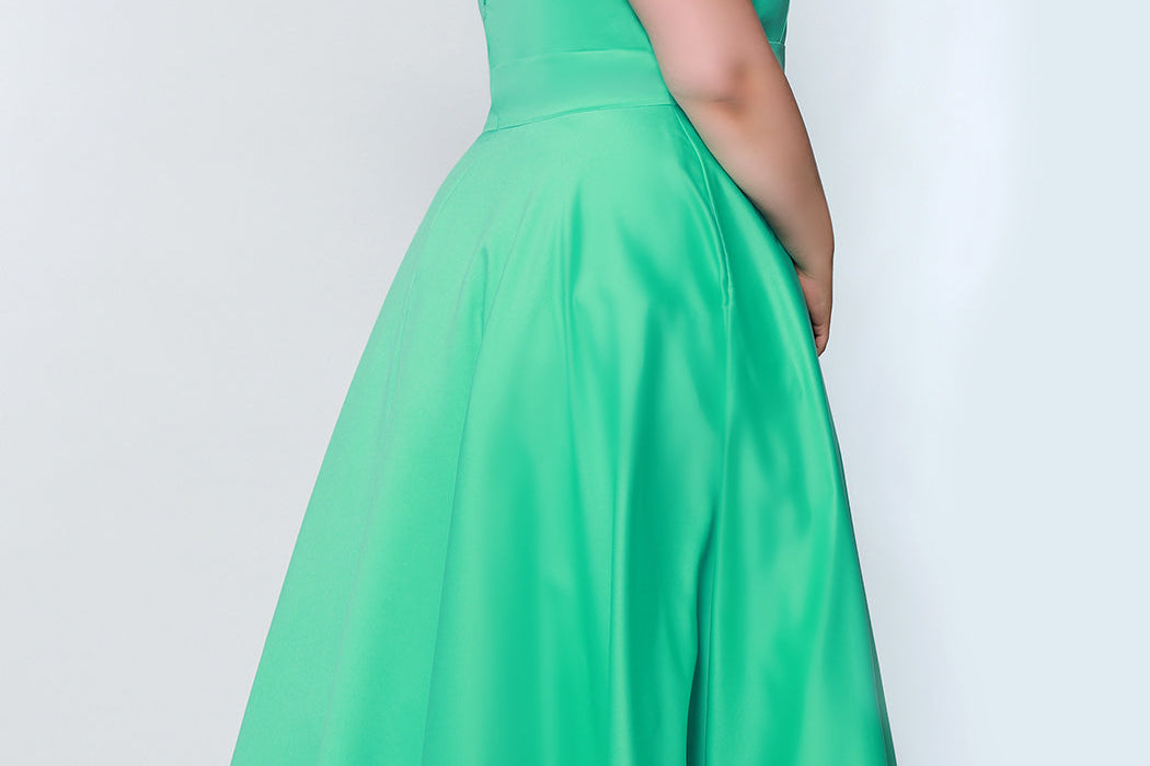 Tease Prom TE2209 Back view Plus size satin  a-line dress in mint green with spaghetti straps, a deep v-neckline and a slit.