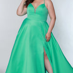 Tease Prom TE2209 Plus size satin  a-line dress in mint green with spaghetti straps, a deep v-neckline and a slit.