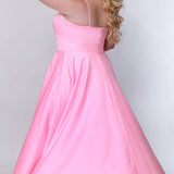 Tease Prom TE2209 Back view Plus size satin  a-line dress in carnation pink with spaghetti straps, a deep v-neckline and a slit.