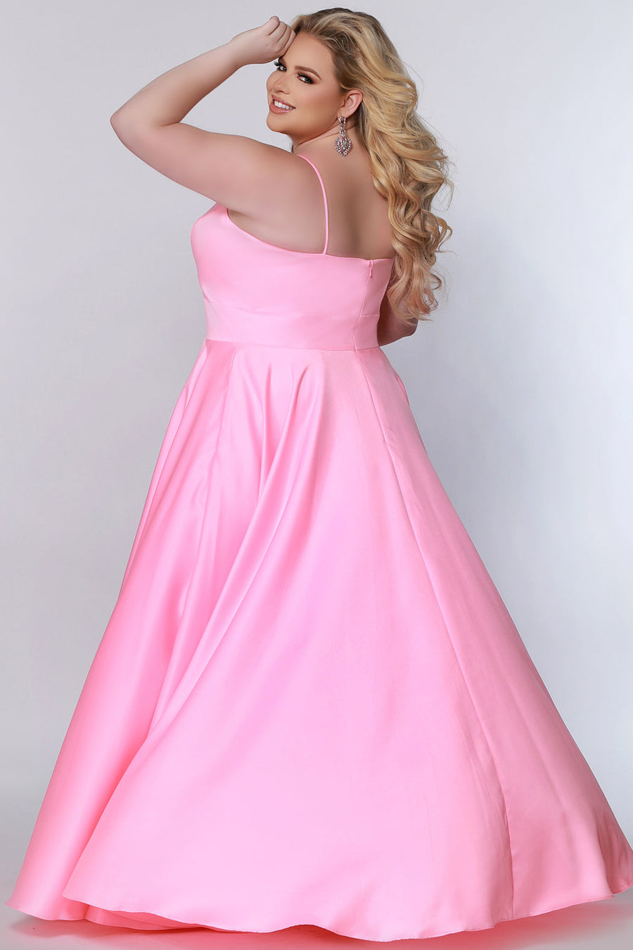 Tease Prom TE2209 Back view Plus size satin  a-line dress in carnation pink with spaghetti straps, a deep v-neckline and a slit.