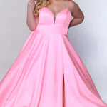 Tease Prom TE2209 Plus size satin  a-line dress in carnation pink with spaghetti straps, a deep v-neckline and a slit.