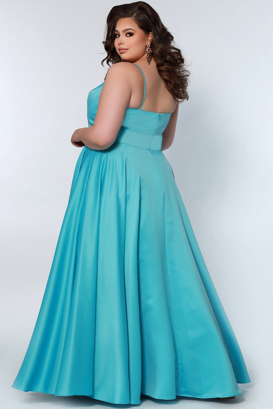 Tease Prom TE2209 Back view Plus size satin  a-line dress in sky blue with spaghetti straps, a deep v-neckline and a slit.