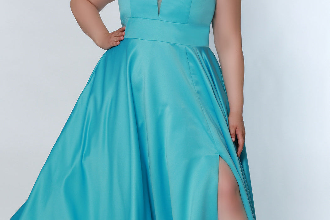 Tease Prom TE 2209 Plus size satin  a-line dress in sky blue with spaghetti straps, a deep v-neckline and a slit.