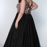 Tease Prom TE2211 Back view plus Size Dress with v-neckline, pink bodice with roses, and a glitter tulle skirt. 