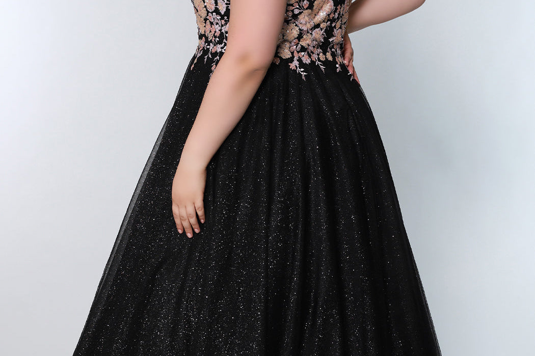 Tease Prom TE2211 Back view plus Size Dress with v-neckline, pink bodice with roses, and a glitter tulle skirt. 