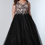 Tease Prom TE2211 Plus Size Dress with v-neckline, pink bodice with roses, and a glitter tulle skirt. 