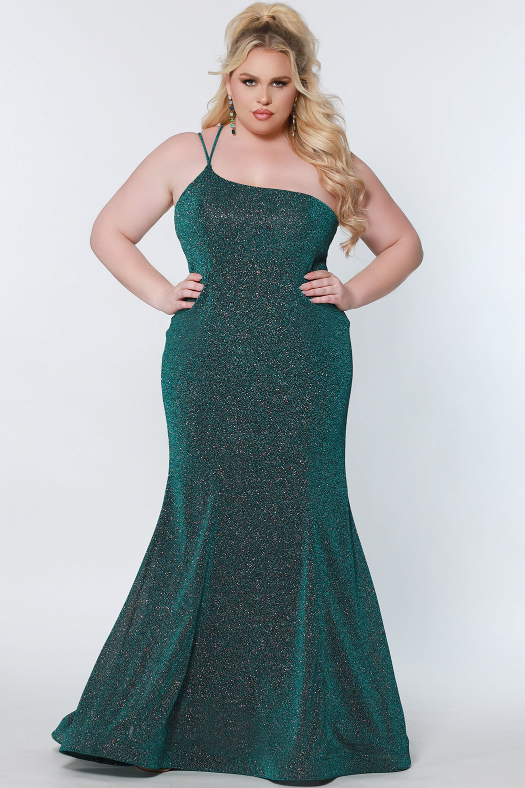 Tease Prom TE2218 Plus size green one shoulder spaghetti strap shimmer fitted dress.