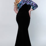 Tease Prom TE2222 back view plus size black velvet gown with double sided purple and blue sequins on the upper back leading to the single sleeve. 