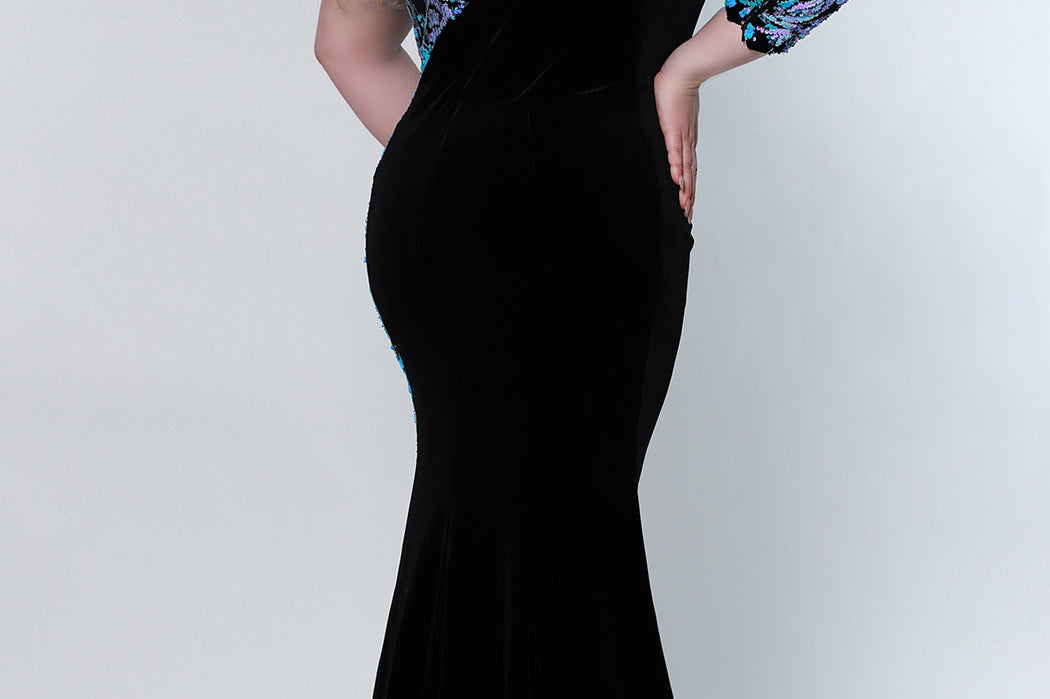 Tease Prom TE2222 back view plus size black velvet gown with double sided purple and blue sequins on the upper back leading to the single sleeve. 