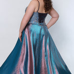 Tease Prom TE222 back view cotton candy plus size a-line dress with pink and blue beaded lace up back and pink and blue metallic skirt.