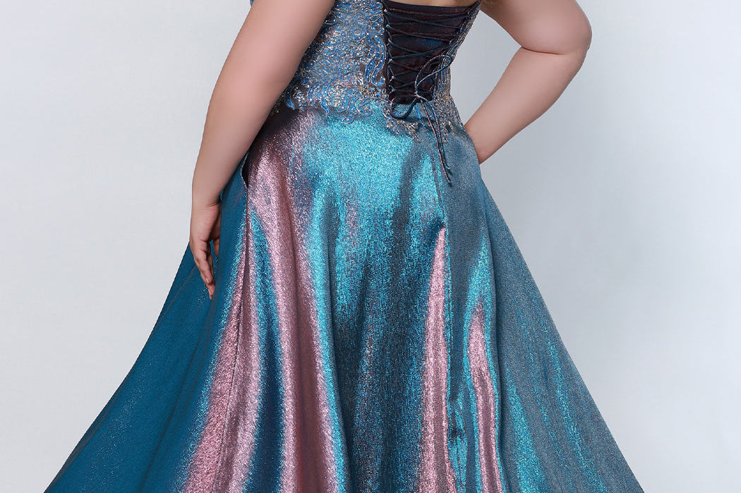 Tease Prom TE222 back view cotton candy plus size a-line dress with pink and blue beaded lace up back and pink and blue metallic skirt.