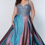 Tease Prom TE2223 cotton candy plus size a-line dress with pink and blue beaded bodice and pink and blue metallic skirt. 