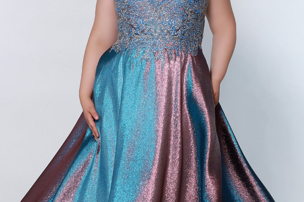 Tease Prom TE2223 cotton candy plus size a-line dress with pink and blue beaded bodice and pink and blue metallic skirt. 