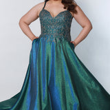 Tease Prom TE2223 peacock plus size a-line dress with blue and green beaded bodice and blue and green metallic skirt. 