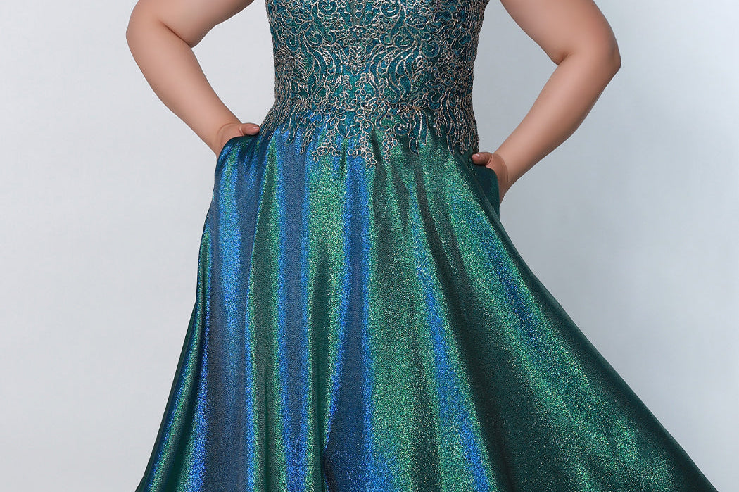 Tease Prom TE2223 peacock plus size a-line dress with blue and green beaded bodice and blue and green metallic skirt. 