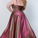 Tease Prom TE2223 prism back view plus size a-line dress with red and gold beaded lace up back and red and gold metallic skirt. 
