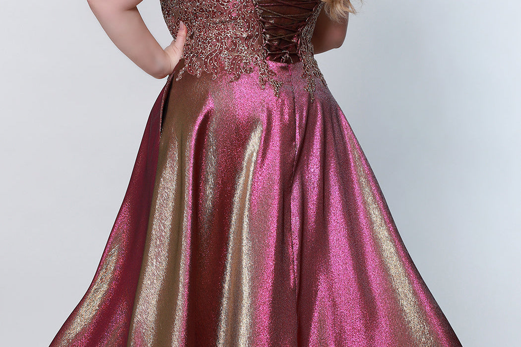 Tease Prom TE2223 prism back view plus size a-line dress with red and gold beaded lace up back and red and gold metallic skirt. 