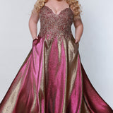 Tease Prom TE2223 prism plus size a-line dress with red and gold beaded bodice and red and gold metallic skirt. 