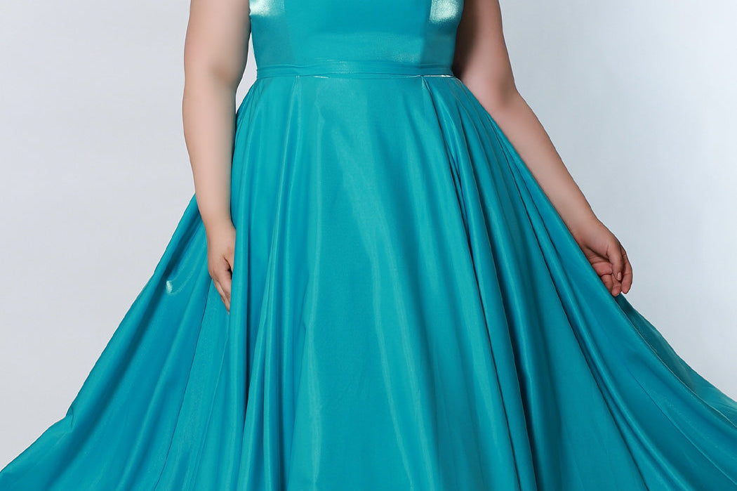 Tease Prom TE2226 Plus size a-line dress in aqua blue with spaghetti straps and pockets. 