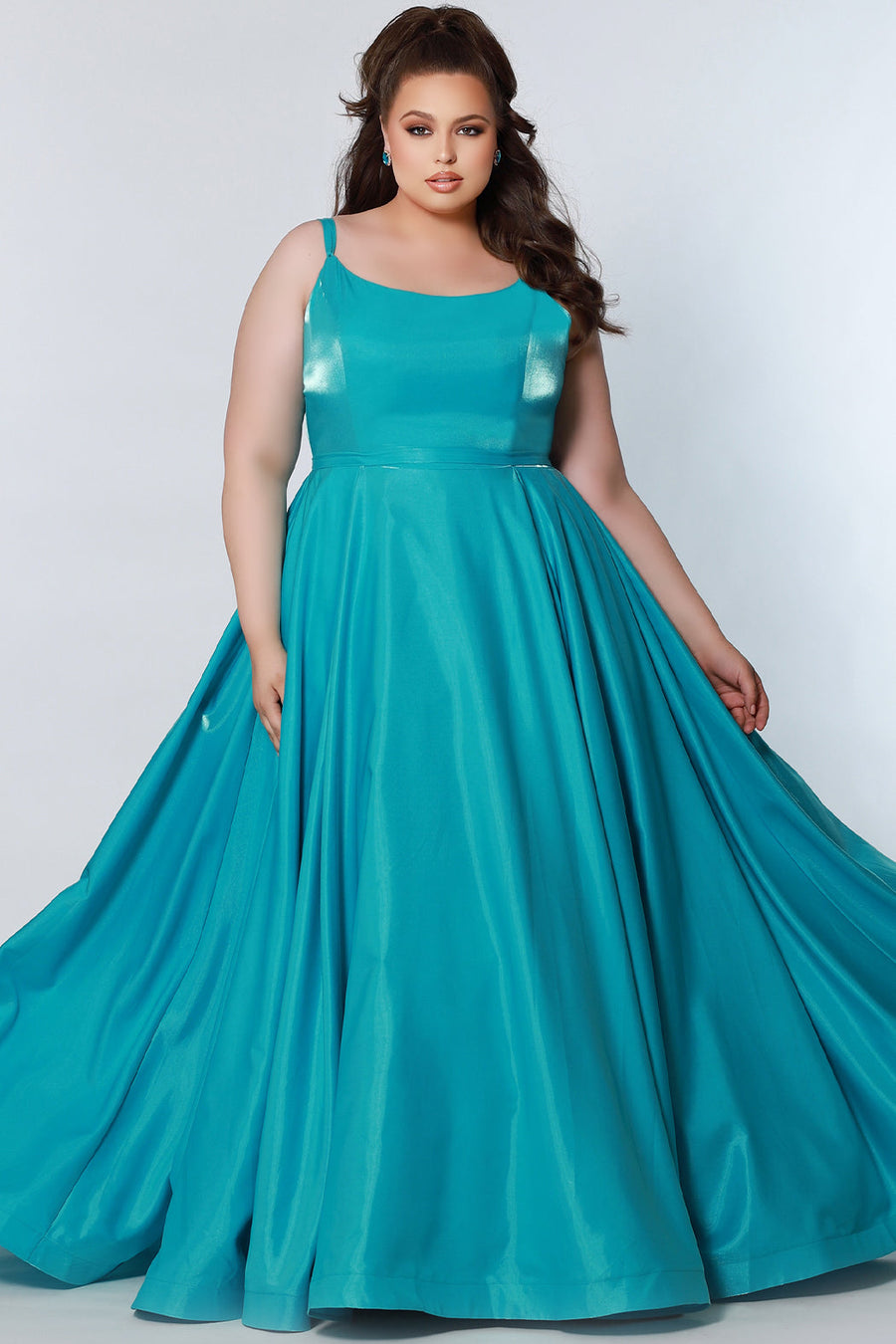 Tease Prom TE2226 Plus size a-line dress in aqua blue with spaghetti straps and pockets. 