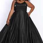 Tease Prom TE2226 Plus size a-line dress in black with spaghetti straps and pockets. 