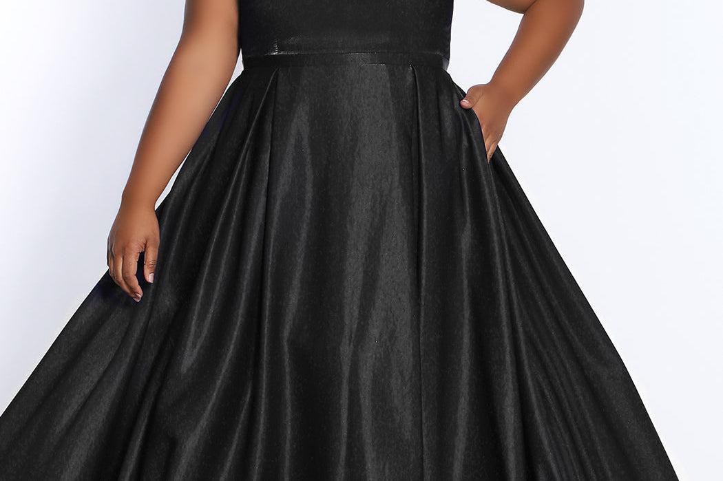 Tease Prom TE2226 Plus size a-line dress in black with spaghetti straps and pockets. 