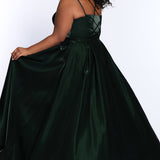 Tease Prom TE2226 Back view Plus size a-line dress in forest green with spaghetti straps, pockets, and lace up back.