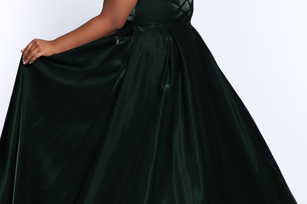 Tease Prom TE2226 Back view Plus size a-line dress in forest green with spaghetti straps, pockets, and lace up back.