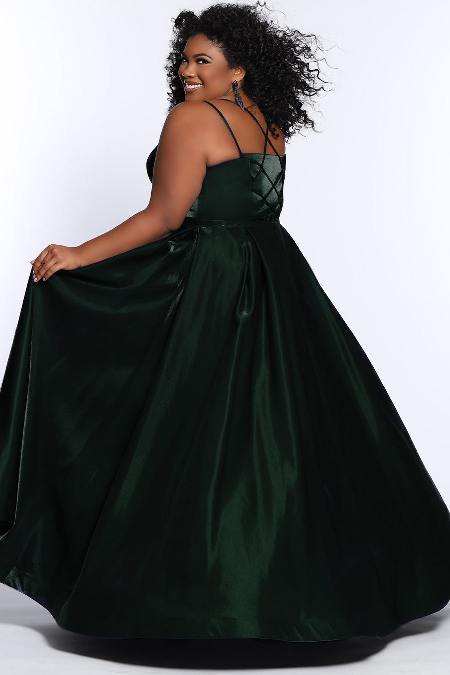 Tease Prom TE2226 Back view Plus size a-line dress in forest green with spaghetti straps, pockets, and lace up back.