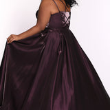 Tease Prom TE2226 Back view Plus size a-line dress in berry purple with spaghetti straps, pockets, and lace up back. 
