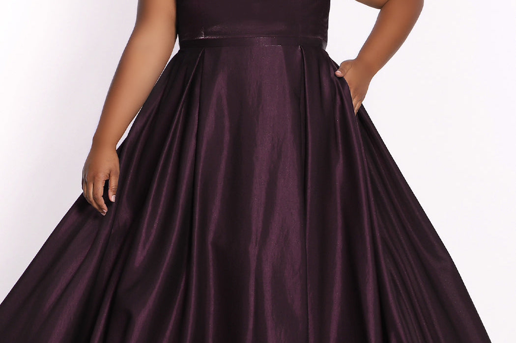 Tease Prom TE2226 Plus size a-line dress in berry purple with spaghetti straps and pockets. 