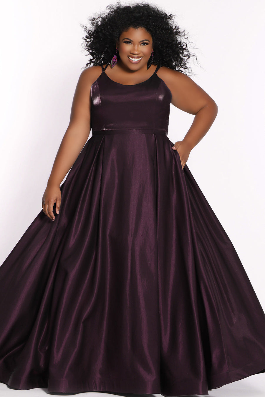 Tease Prom TE2226 Plus size a-line dress in berry purple with spaghetti straps and pockets. 