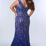Tease Prom TE2301 royal blue, Plus Size fitted dress with ombre sequins , v-neck, and thick bra-friendly straps