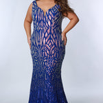 Tease Prom TE2301 royal blue, Plus Size fitted dress with ombre sequins , v-neck, and thick bra-friendly straps