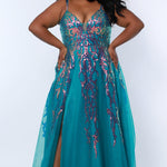 Tease Prom TE2302 Teal, Plus Size A-line dress with cascading sequins over tulle, slit, pockets, V-neck, and spaghetti  straps