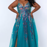 Tease Prom TE2302 Teal, Plus Size A-line dress with cascading sequins over tulle, slit, pockets, V-neck, and spaghetti  straps