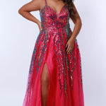 Tease Prom TE2302 magenta, Plus Size A-line dress with cascading sequins over tulle, slit, pockets, V-neck, and spaghetti  straps