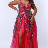 Tease Prom TE2302 magenta, Plus Size A-line dress with cascading sequins over tulle, slit, pockets, V-neck, and spaghetti  straps