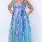 Tease Prom TE2302 sky blue, Plus Size A-line dress with cascading sequins over tulle, slit, pockets, V-neck, and spaghetti  straps