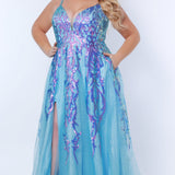 Tease Prom TE2302 sky blue, Plus Size A-line dress with cascading sequins over tulle, slit, pockets, V-neck, and spaghetti  straps
