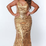 Tease Prom TE2303 Gold, Plus Size fitted dress with all over sequins,  V-neck, and thick bra-friendly straps