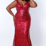 Tease Prom TE2303 Magenta, Plus Size fitted dress with all over sequins,  V-neck, and thick bra-friendly straps