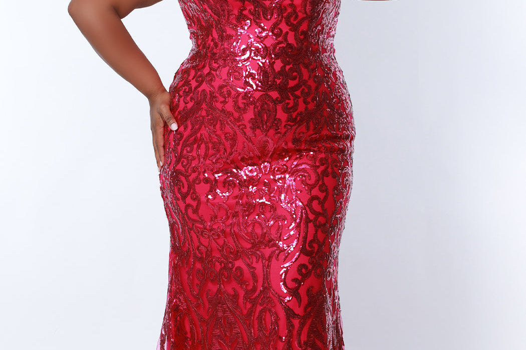 Tease Prom TE2303 Magenta, Plus Size fitted dress with all over sequins,  V-neck, and thick bra-friendly straps