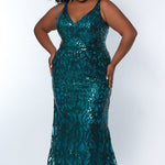 Tease Prom TE2303 Teal, Plus Size fitted dress with all over sequins,  V-neck, and thick bra-friendly straps
