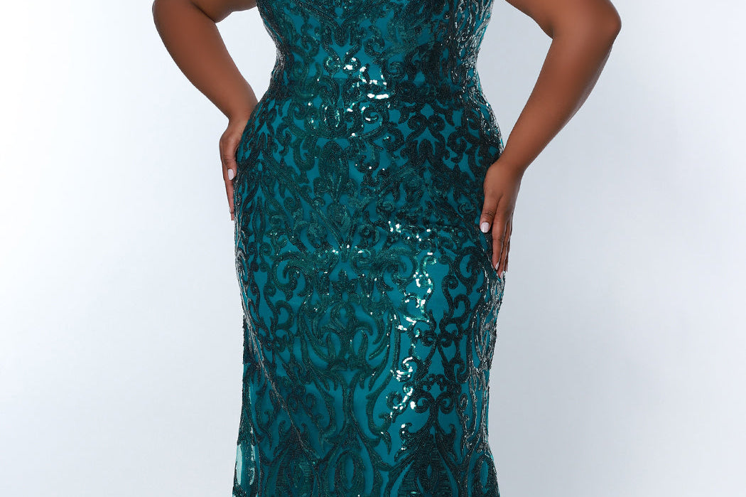 Tease Prom TE2303 Teal, Plus Size fitted dress with all over sequins,  V-neck, and thick bra-friendly straps