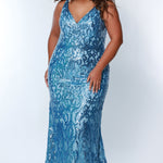 Tease Prom TE2303 Bluejay, Plus Size fitted dress with all over sequins,  V-neck, and thick bra-friendly straps