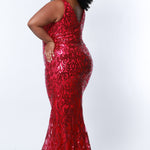 Tease Prom TE2303 Magenta, Plus Size fitted dress with all over sequins, V-neck, with matching V-back and thick bra-friendly straps